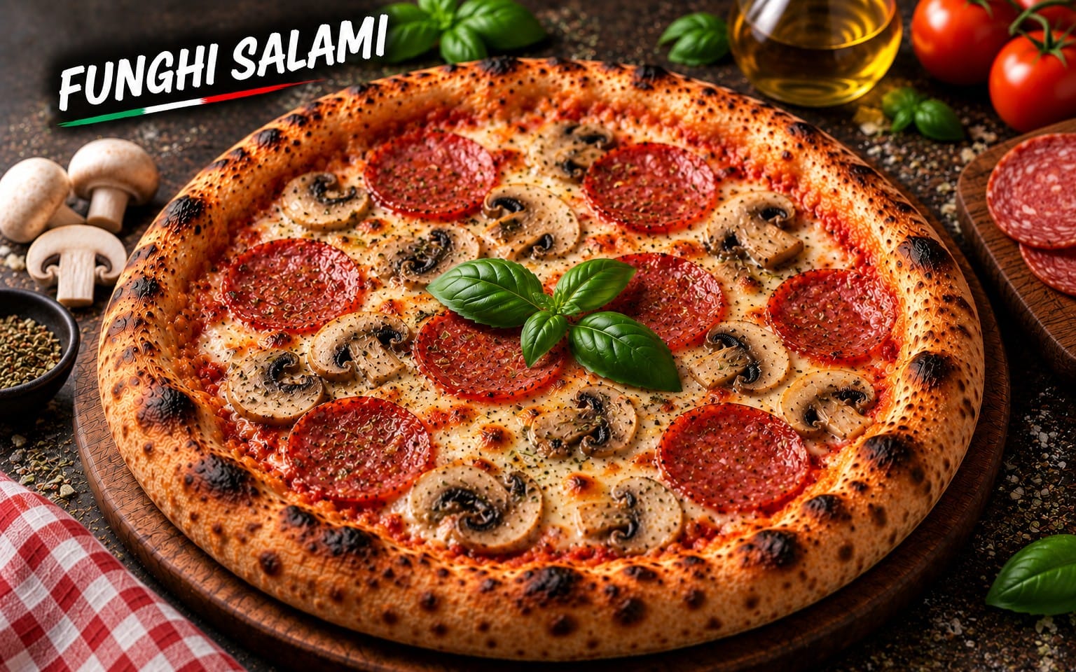 06. FUNGHI SALAMI - mit frischen Champignons und Salami bei Bella Pizza