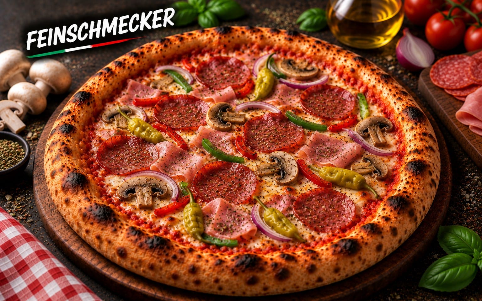 09. FEINSCHMECKER - mit Salami, Schinken, Zwiebeln, Peperoni, Oliven & Champignons bei Bella Pizza