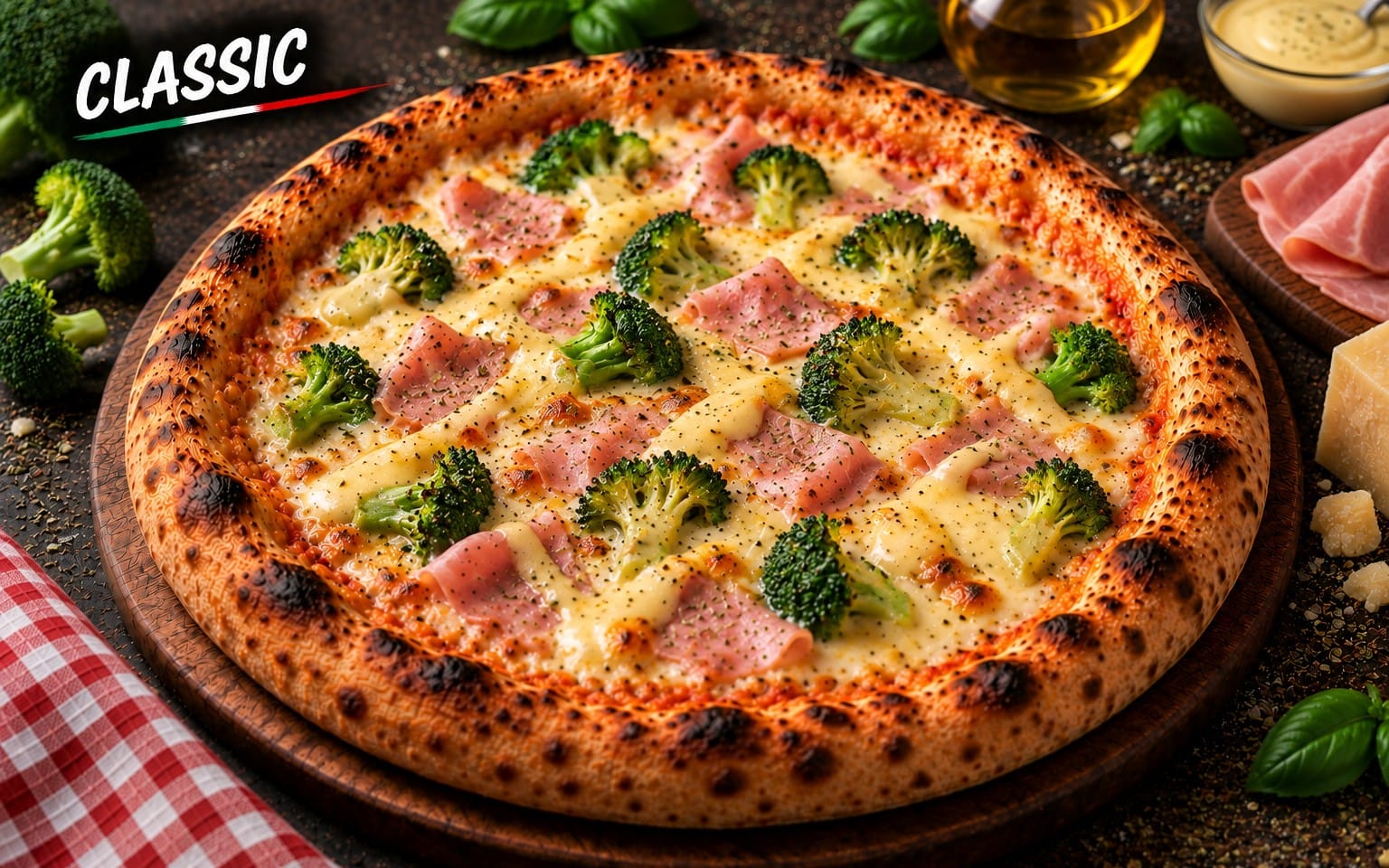 11. CLASSIC - mit Schinken, Broccoli und Sauce Hollandaise bei Bella Pizza