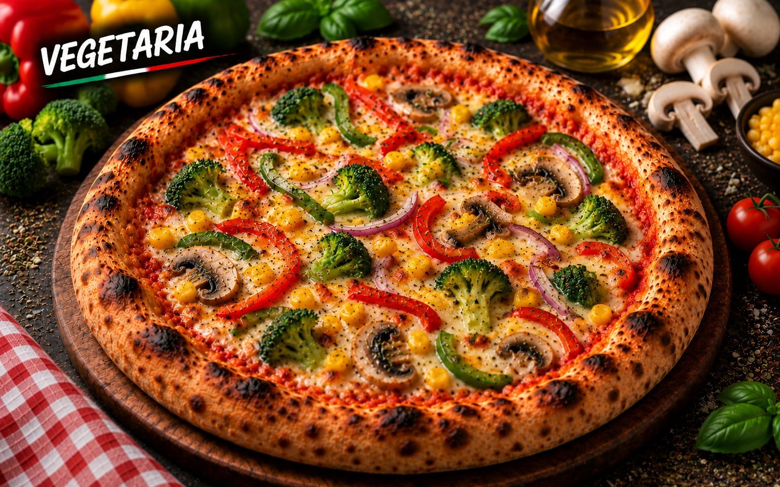 12. VEGETARIA - mit Broccoli, Mais, Peperoni, Paprika, Champignons und Oliven bei Bella Pizza