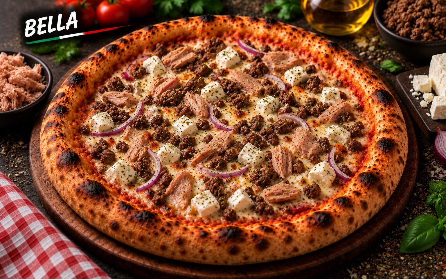 15. BELLA - mit Thunfisch, Hackfleisch, Hirtenkäse und Knoblauch bei Bella Pizza