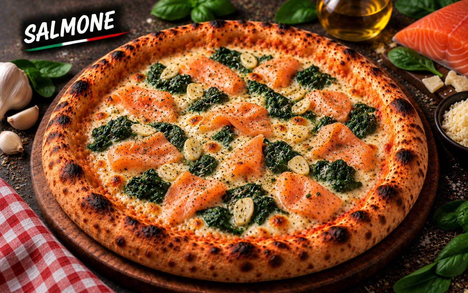 16. SALMONE - mit Lachs, Spinat, frischem Knoblauch und Zwiebeln bei Bella Pizza