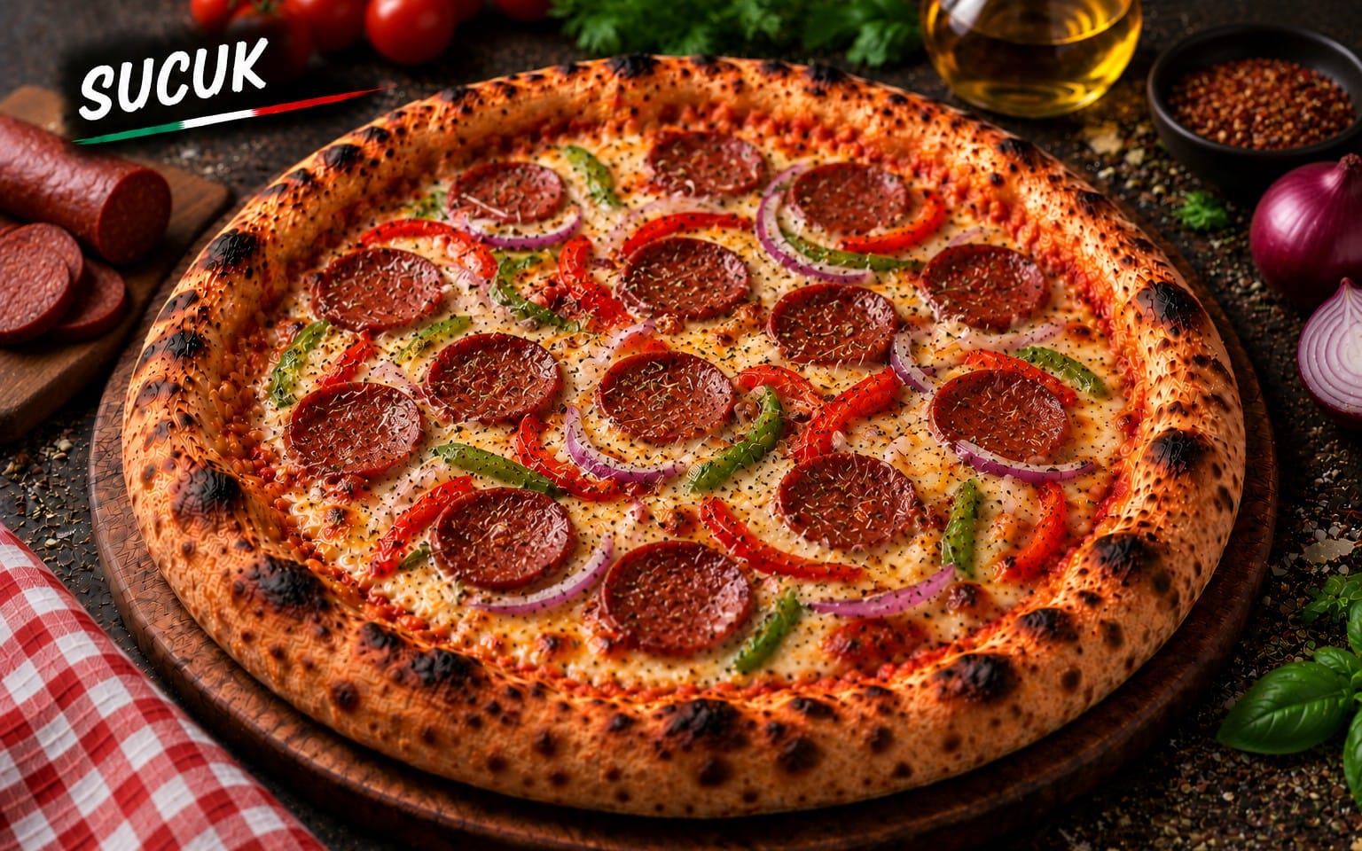 19. SUCUK - mit türkischer Knoblauchwurst, Hirtenkäse, Paprika bei Bella Pizza