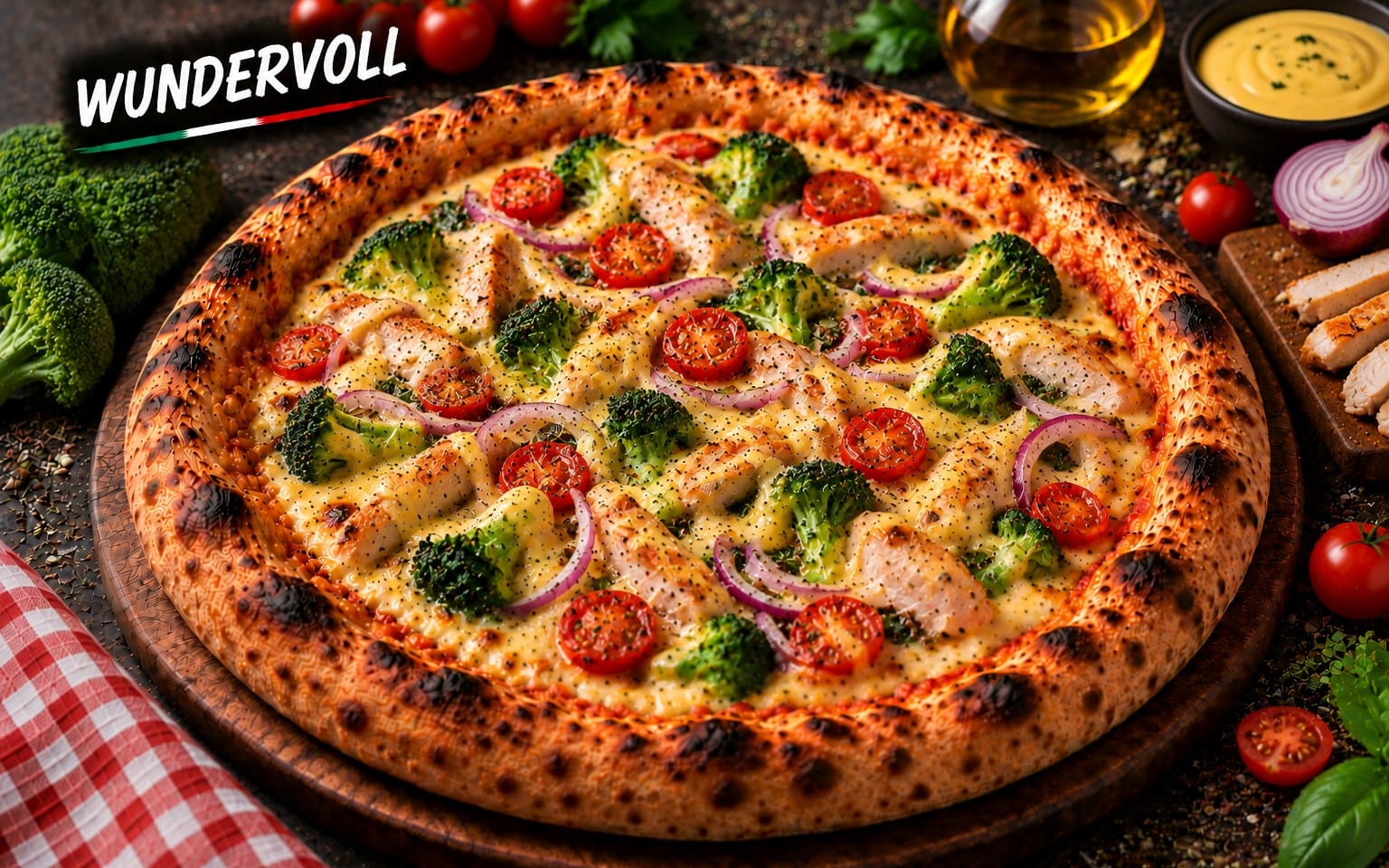 18. WUNDERVOLL - mit Sauce Hollandaise, Broccoli, Kirschtomaten, Hähnchenbrust, Zwiebeln bei Bella Pizza