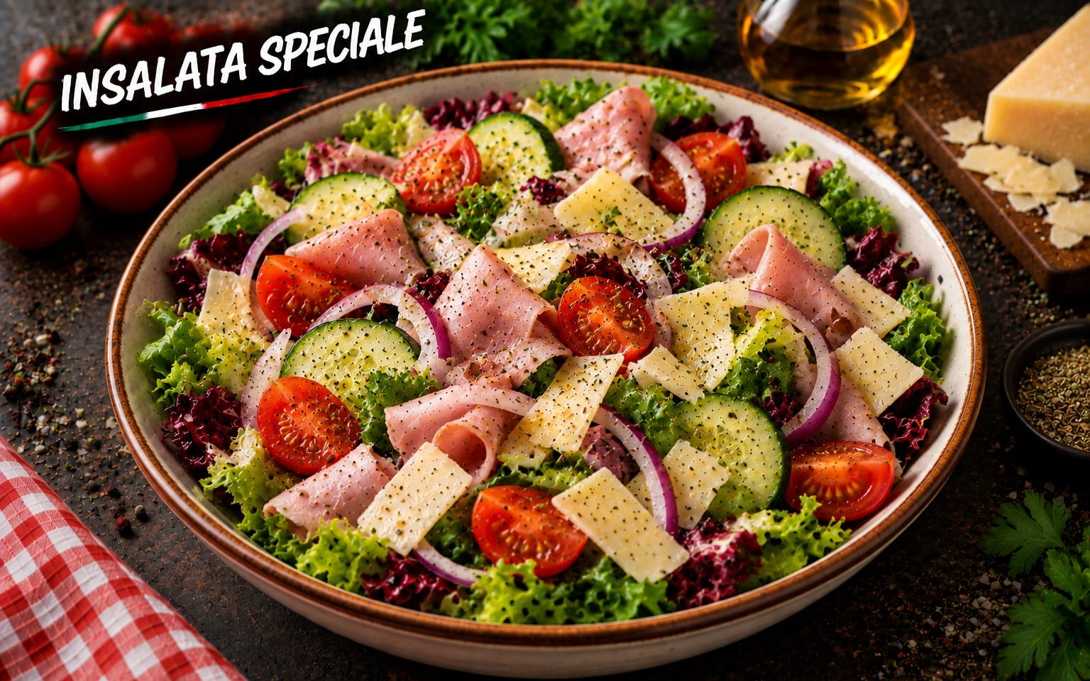 51. INSALATA SPECIALE - gemischter Salat mit Schinken, Käse und Ei bei Bella Pizza
