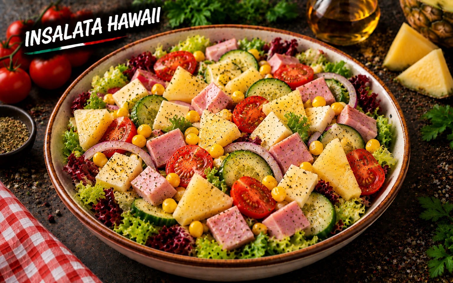 54. INSALATA HAWAII - gemischter Salat mit Käse, Schinken und Ananas bei Bella Pizza