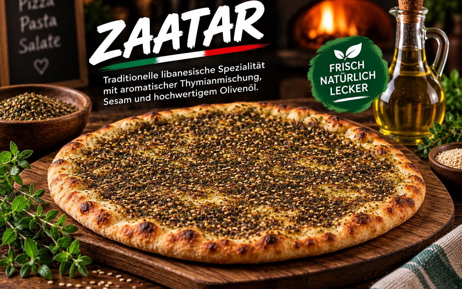 Zaatar - زعتر - orientalisches Fladenbrot, frisch gebacken und mit einer würzigen Mischung aus Zaatar, Sesam und Olivenöl belegt. bei Bella Pizza