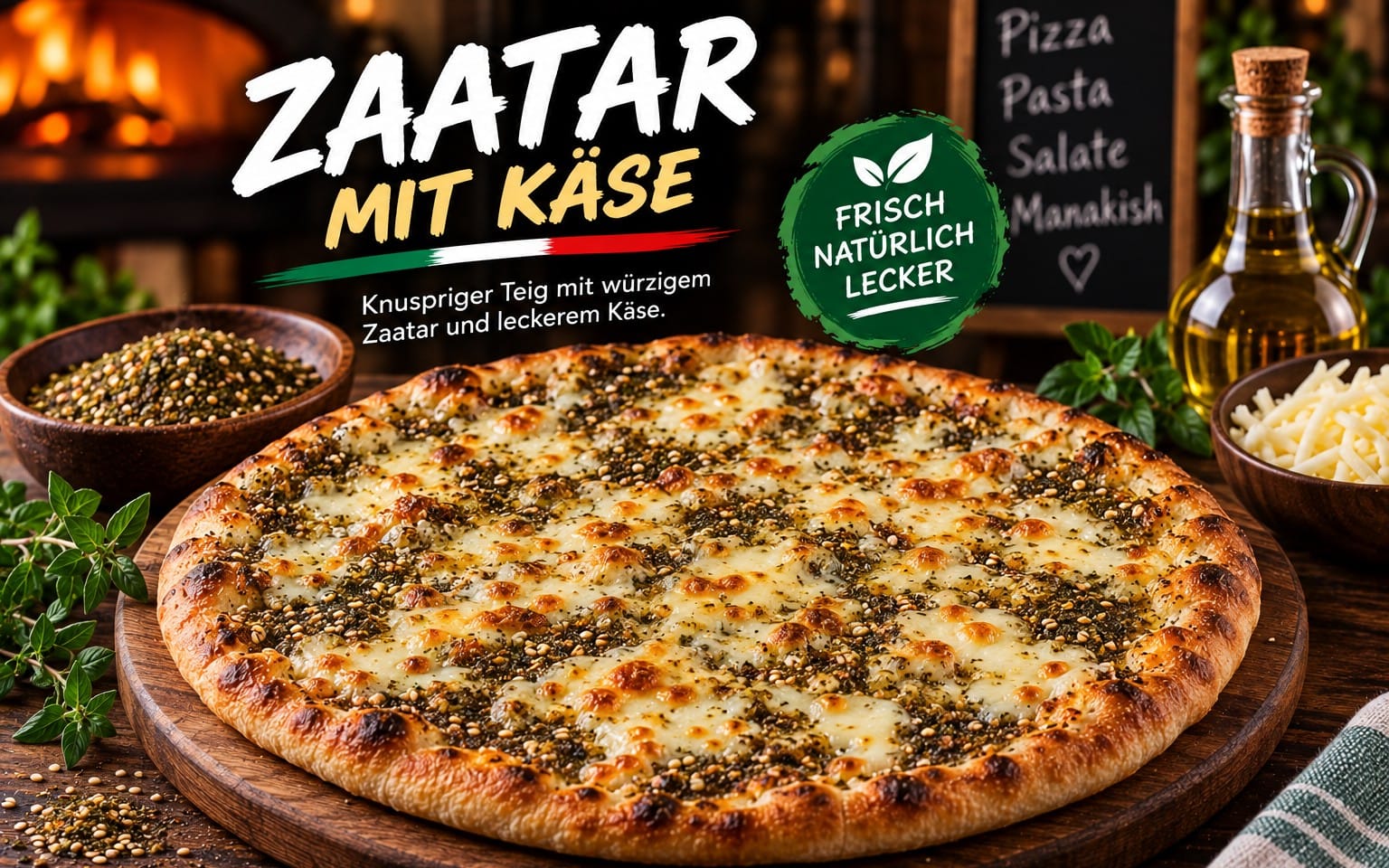 Zaatar mit Käse - زعتر بالجبنه - frisch gebackenes orientalisches Fladenbrot mit würzigem Zaatar, Sesam, Olivenöl und cremig geschmolzenem Käse bei Bella Pizza