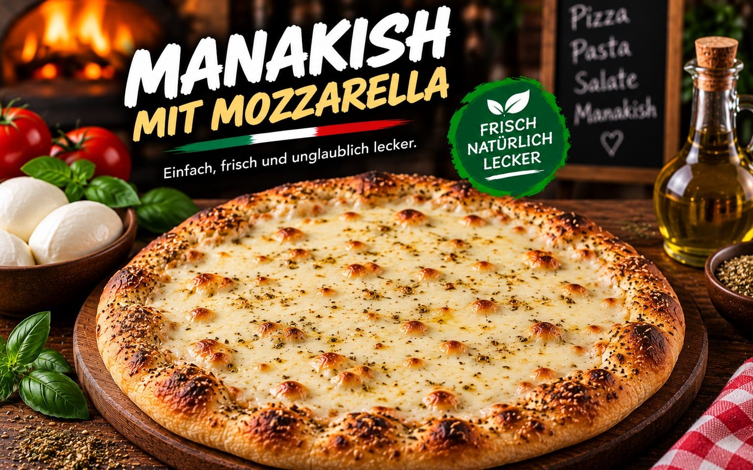 Mozzarella - موتزاريلا - Manakish mit Mozzarella – frisch gebackenes orientalisches Fladenbrot, belegt mit cremig geschmolzenem Mozzarella. bei Bella Pizza
