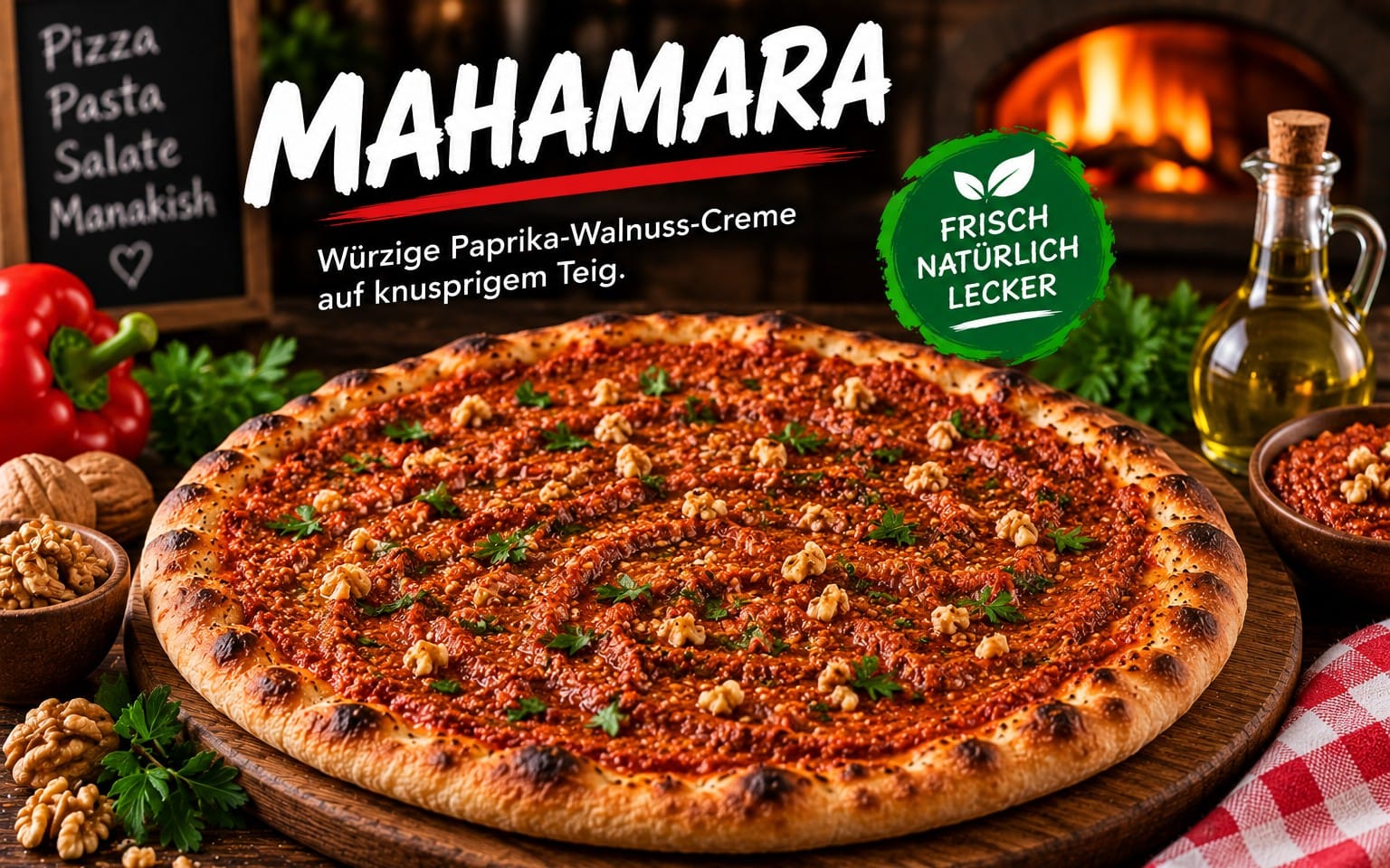 Mahamara - محمره - frisch gebackenes orientalisches Fladenbrot mit einer würzigen Paprika-Tomaten-Mischung und feinen orientalischen Gewürzen. bei Bella Pizza