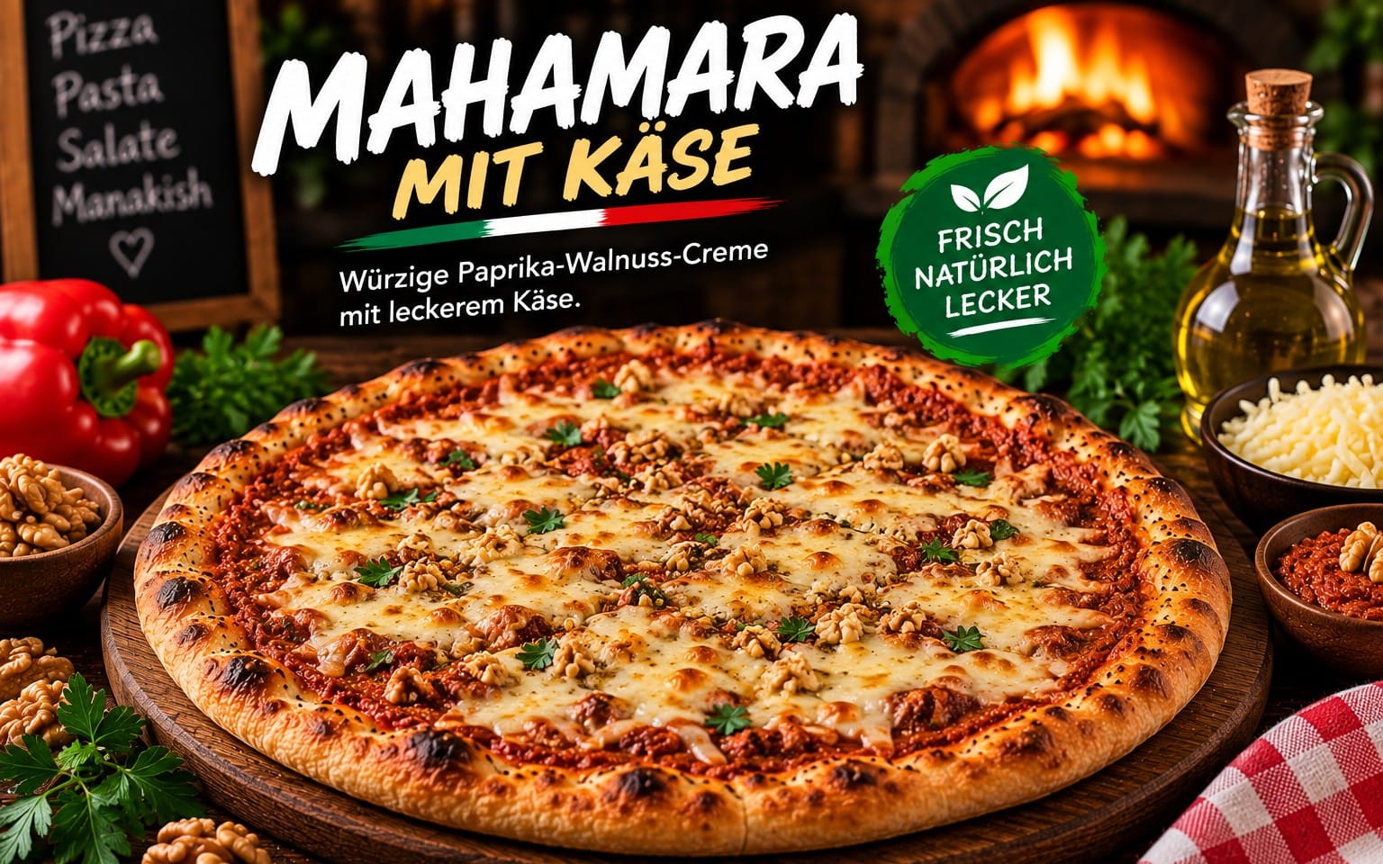 Mahamara mit Käse - محمره بالجبنه - frisch gebackenes orientalisches Fladenbrot mit würziger Paprika-Tomaten-Mischung und cremig geschmolzenem Käse. bei Bella Pizza