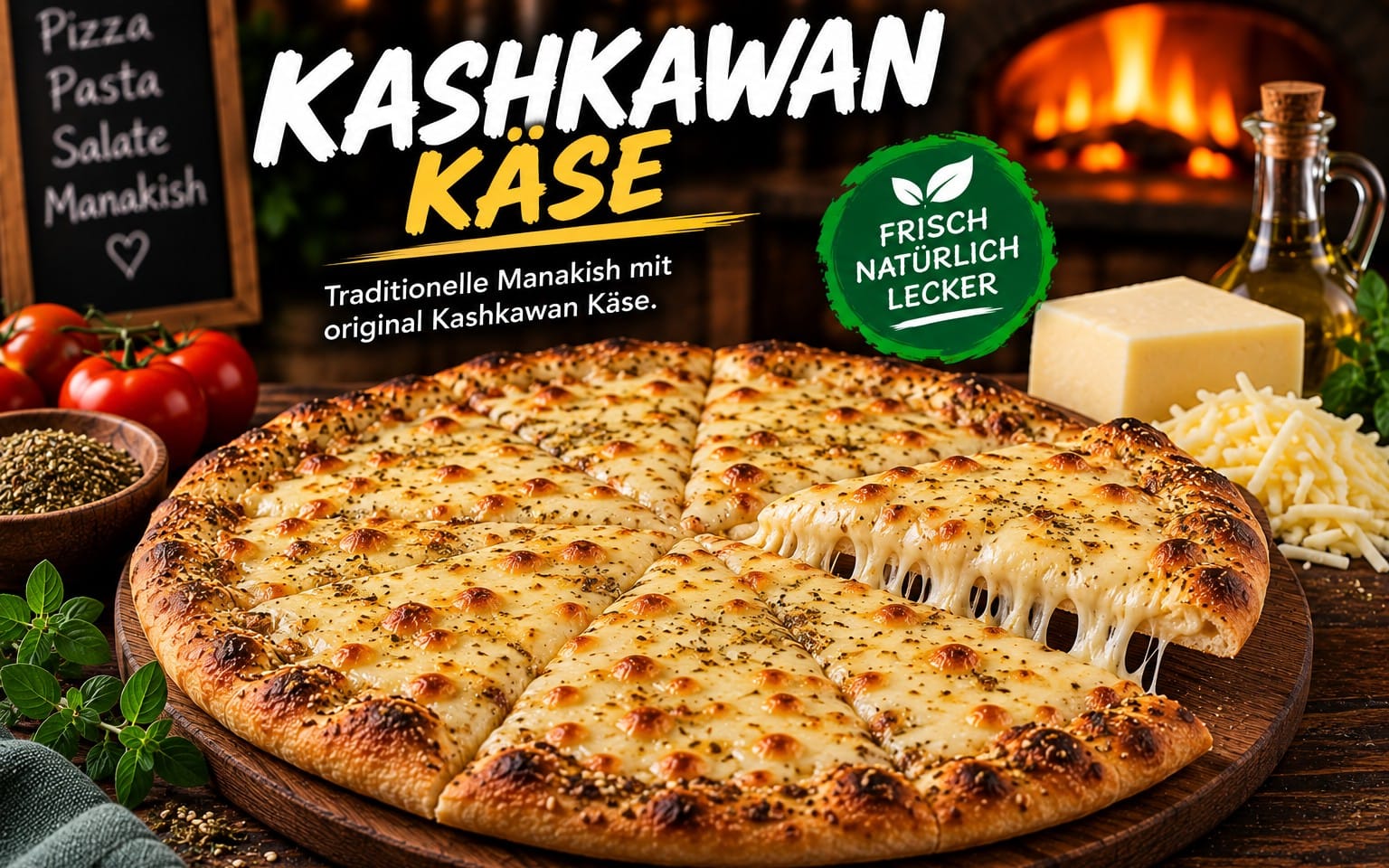 Kashkawan Käse - جبنة قشقوان - frisch gebackenes orientalisches Fladenbrot mit würzigem, goldgelb geschmolzenem Kashkawan-Käse. bei Bella Pizza