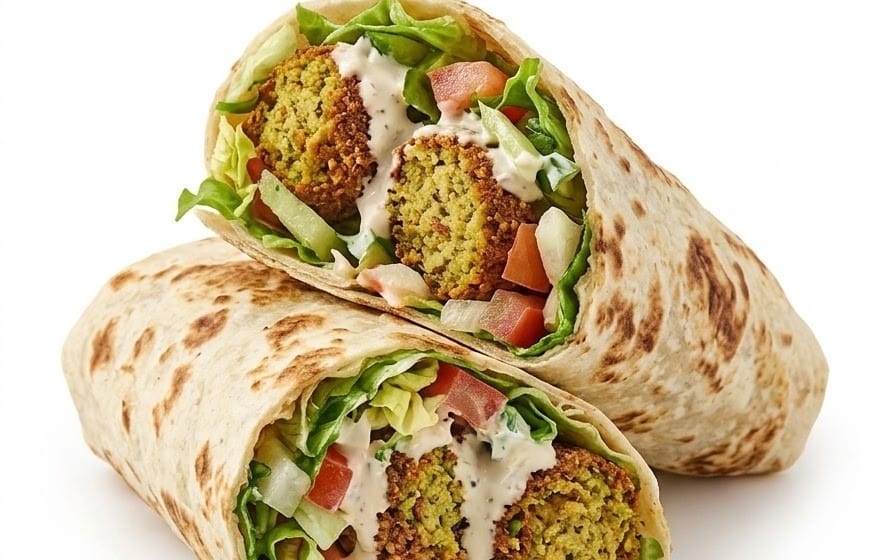Falafel-Wrap - 4 Falafel im dünnen Fladenbrot mit Salat und Sauce bei Bella Pizza