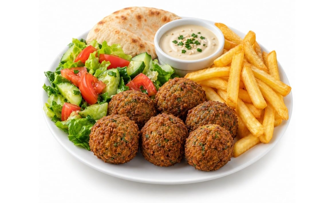 Falafel-Teller - 6 Falafel mit Pommes, Salat, Brot und Sauce bei Bella Pizza