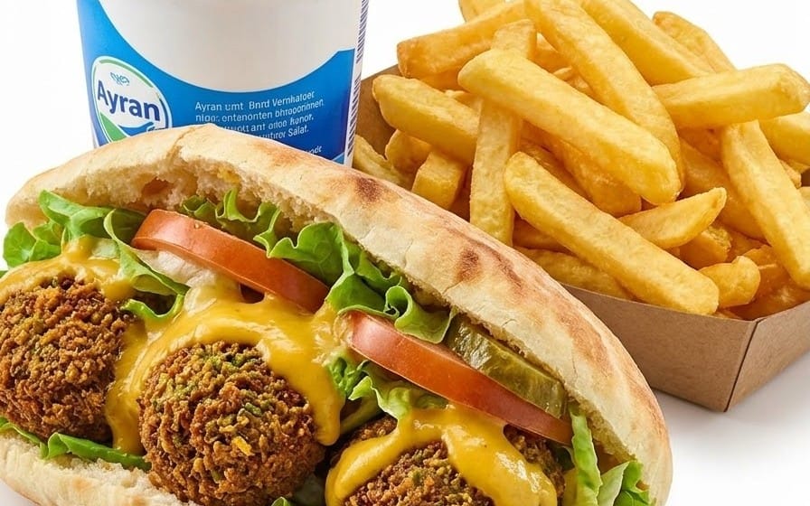 Bagdad-Menü - Falafel-Sandwich mit Amba-Mangosoße, kleine Pommes und Ayran 0,25 l bei Bella Pizza